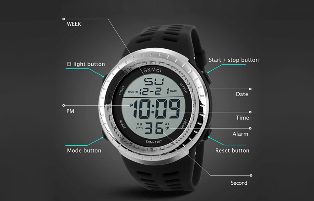 SKMEI 1167 Men LED Digital Sport Watch Big Round Dial 50M Water Resistance Alarm Luminous Date Display Wristwatch