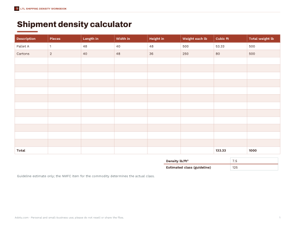 Preview of Printable NMFC Density Calculator
